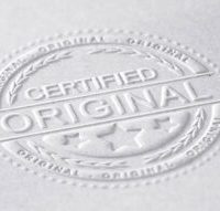 3D illustration of an embossed stamp with the text certified original, paper background, horizontal image. Concept of authenticity.